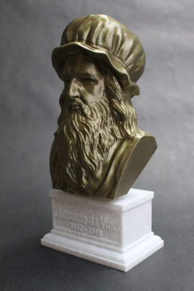 Leonardo da Vinci Italian Polymath, inventor, painter, and Renaissance man Sculpture Bust on Box Plinth