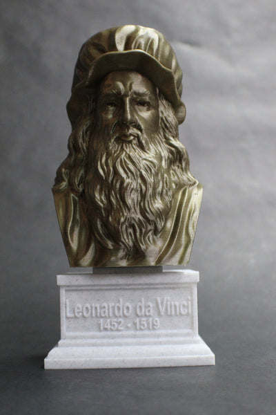 Leonardo da Vinci Italian Polymath, inventor, painter, and Renaissance man Sculpture Bust on Box Plinth