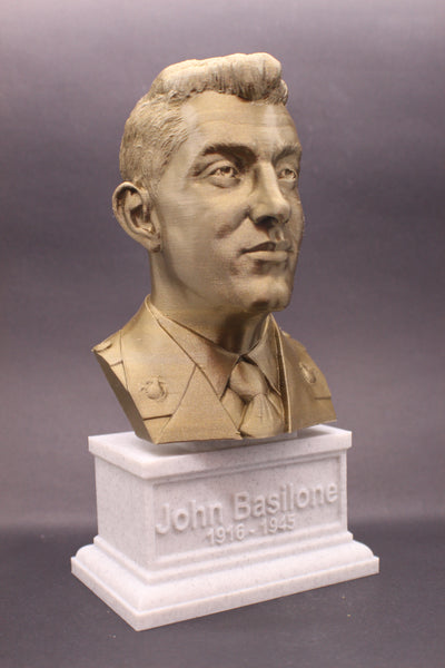 John Basilone Legendary US Marine Corps Medal of Honor Winner Sculpture Bust on Box Plinth