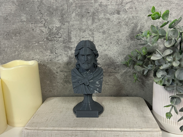 Saint Christopher, Patron Saint of Travelers and Protection, Sculpture Bust on Pedestal