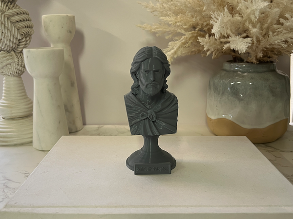 Saint Christopher, Patron Saint of Travelers and Protection, Sculpture Bust on Pedestal