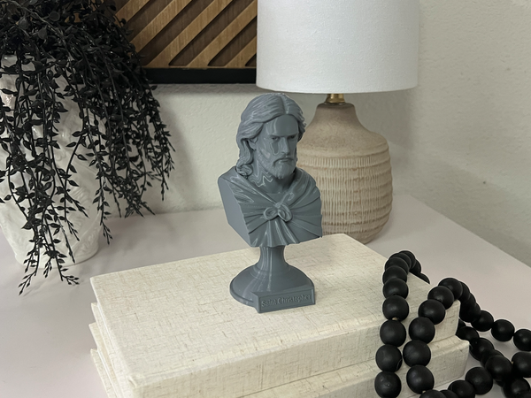 Saint Christopher, Patron Saint of Travelers and Protection, Sculpture Bust on Pedestal