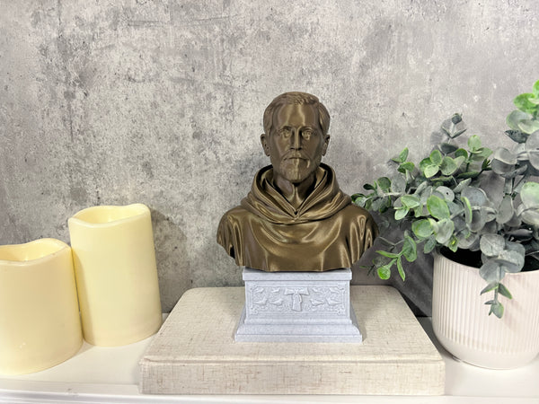 Saint Francis of Assisi, Patron Saint of Animals, Ecology, and Italy Sculpture Bust on Box Plinth