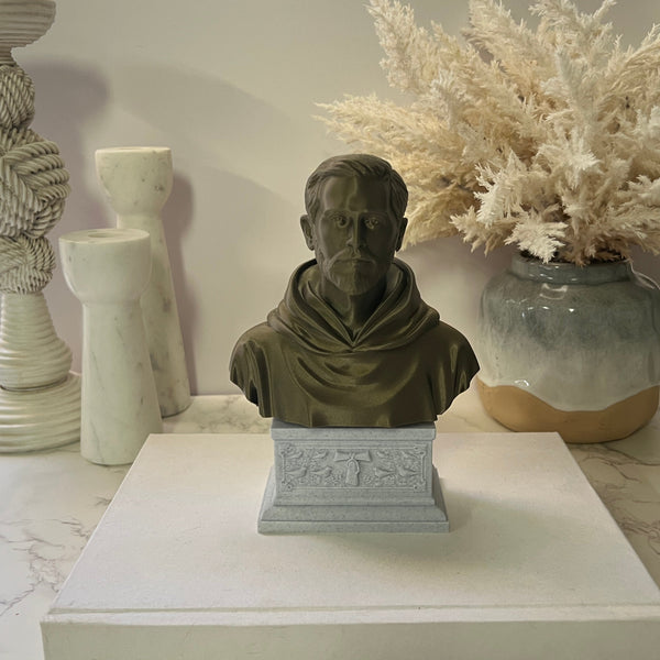 Saint Francis of Assisi, Patron Saint of Animals, Ecology, and Italy Sculpture Bust on Box Plinth