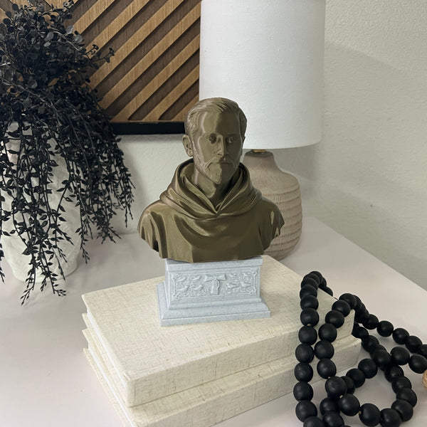 Saint Francis of Assisi, Patron Saint of Animals, Ecology, and Italy Sculpture Bust on Box Plinth