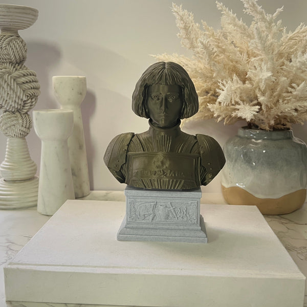 Saint Joan of Arc, Divine Warrior and Patron Saint of France Sculpture Bust on Box Plinth