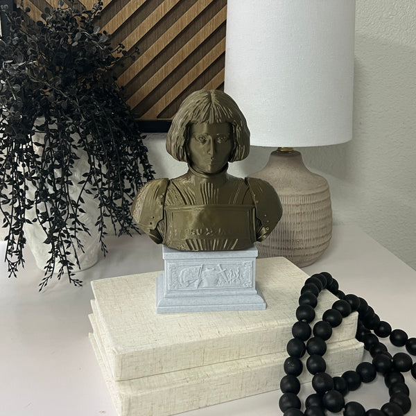 Saint Joan of Arc, Divine Warrior and Patron Saint of France Sculpture Bust on Box Plinth