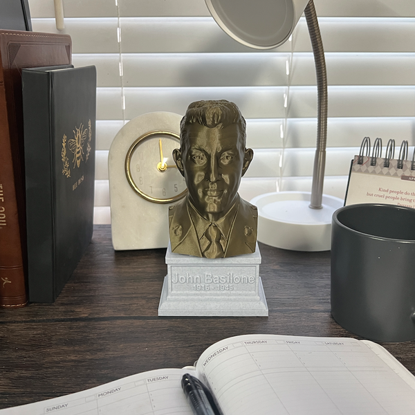 John Basilone Legendary US Marine Corps Medal of Honor Winner Sculpture Bust on Box Plinth