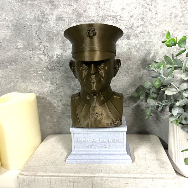 John A Lejeune Legendary US Marine General and 13th Commandant Sculpture Bust on Box Plinth