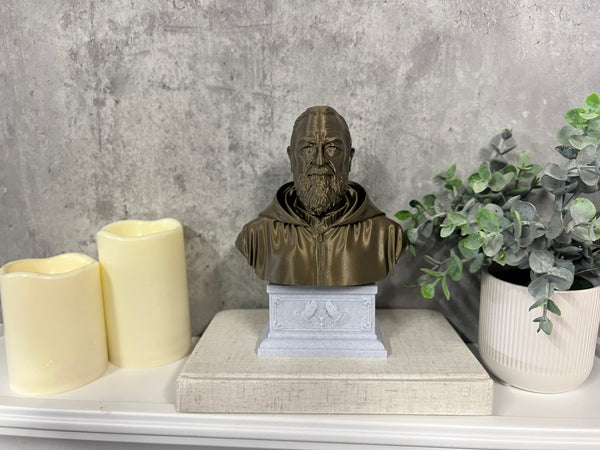 Saint Padre Pio of Pietrelcina, Renowned Mystic and Patron Saint of Healing Sculpture Bust on Box Plinth