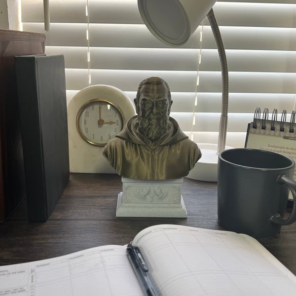Saint Padre Pio of Pietrelcina, Renowned Mystic and Patron Saint of Healing Sculpture Bust on Box Plinth