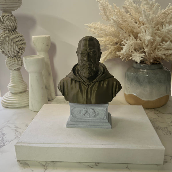 Saint Padre Pio of Pietrelcina, Renowned Mystic and Patron Saint of Healing Sculpture Bust on Box Plinth