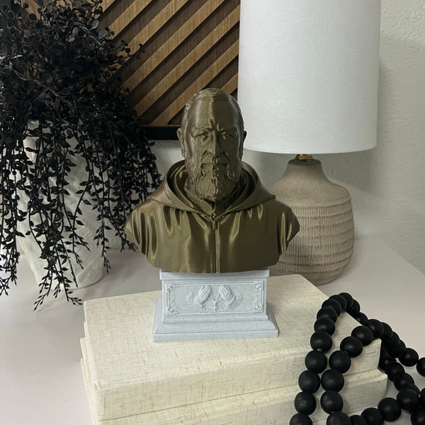 Saint Padre Pio of Pietrelcina, Renowned Mystic and Patron Saint of Healing Sculpture Bust on Box Plinth