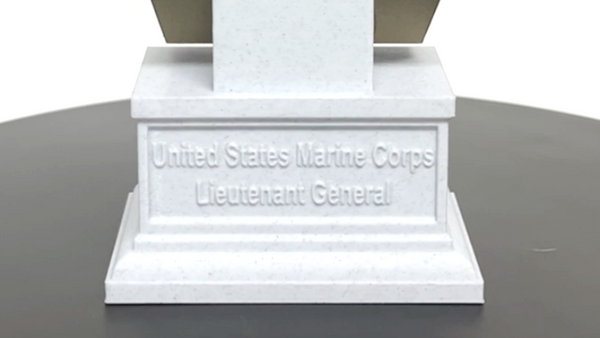 Bronze bust on a white pedestal against a white background