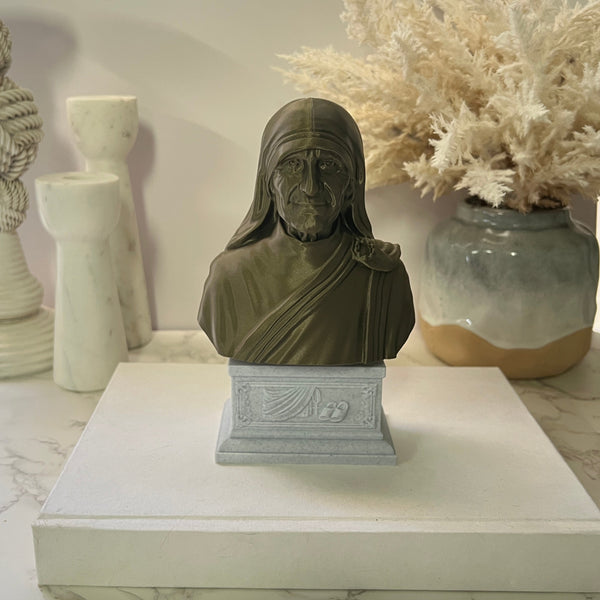 Saint Teresa of Calcutta (Mother Teresa), Devoted Servant of the Poor and Founder of the Missionaries of Charity Sculpture Bust on Box Plinth