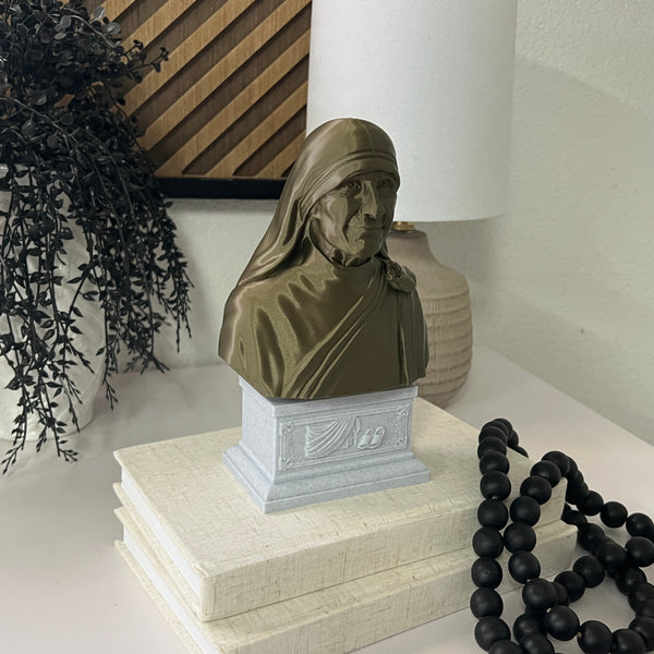 Saint Teresa of Calcutta (Mother Teresa), Devoted Servant of the Poor and Founder of the Missionaries of Charity Sculpture Bust on Box Plinth