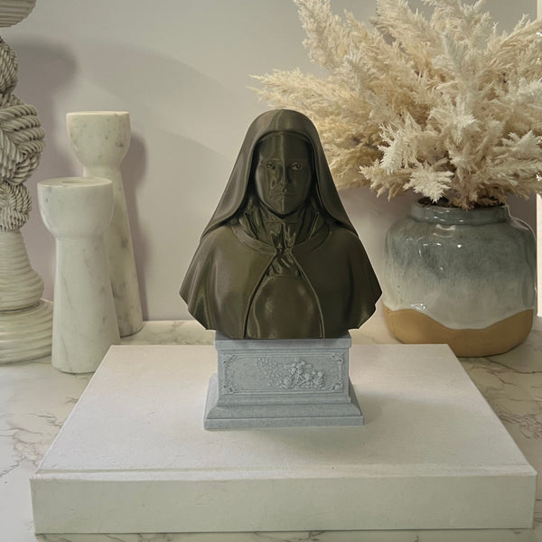 Saint Thérèse of Lisieux, “The Little Flower,” Renowned Carmelite Mystic Sculpture Bust on Box Plinth