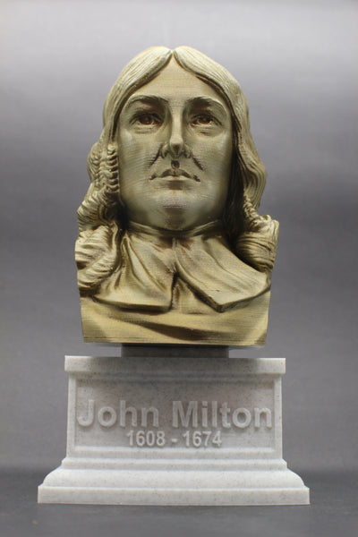 John Milton, Famous English Poet and Intellectual, Sculpture Bust on Box Plinth